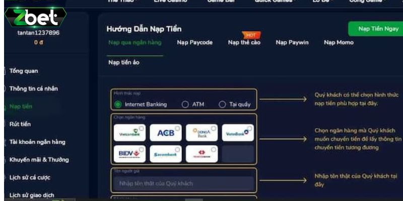 Hướng dẫn nạp tiền vào nhà cái zbet